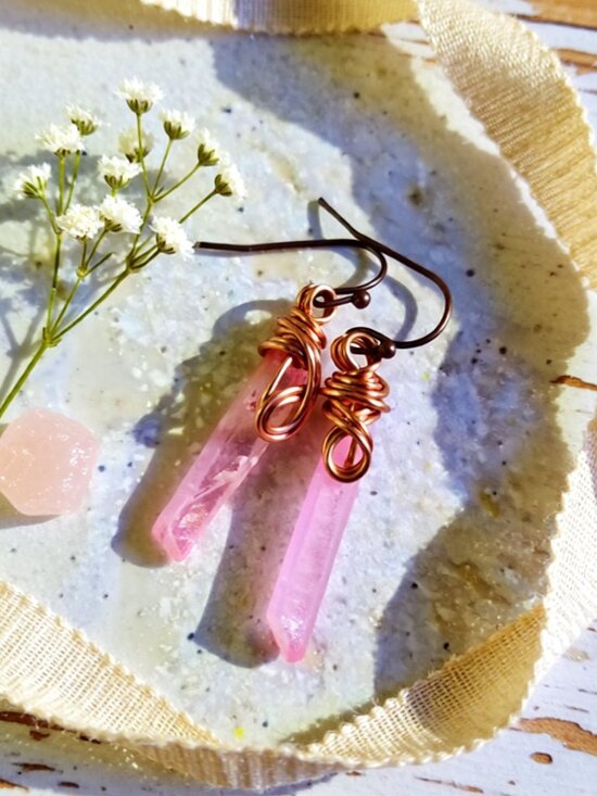 Handmade Jewelry - Rustic Rough Wire Wrapped Pink Angel Quartz Spike Earrings - Sensual Contrasts